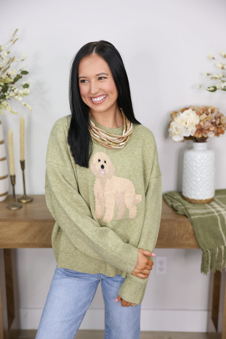Golden Doodle Dog Graphic Oversized Crew Neck Sweater "Olive"