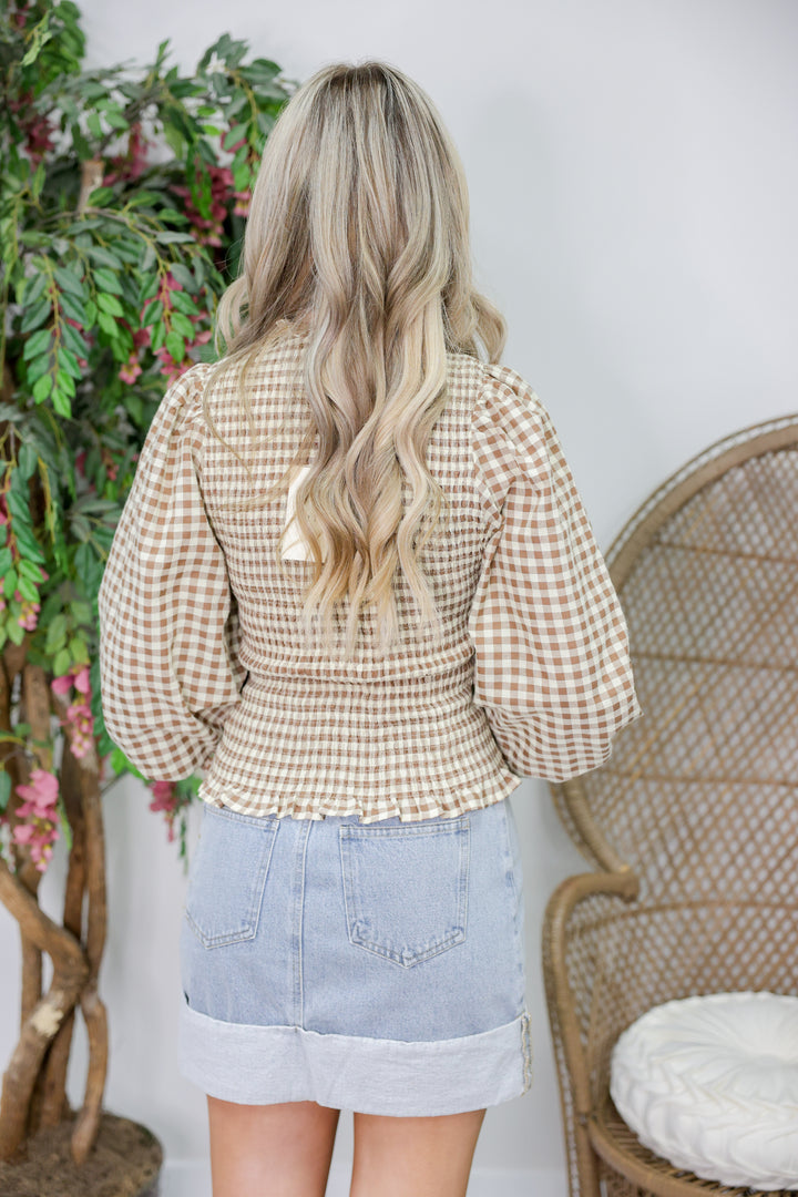 Gingham Long Puff Sleeve Top "Mocha"
