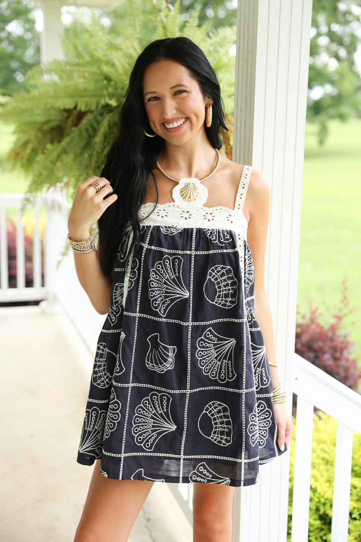 Eyelet Lace Trim Babydoll Mini Dress "Navy"
