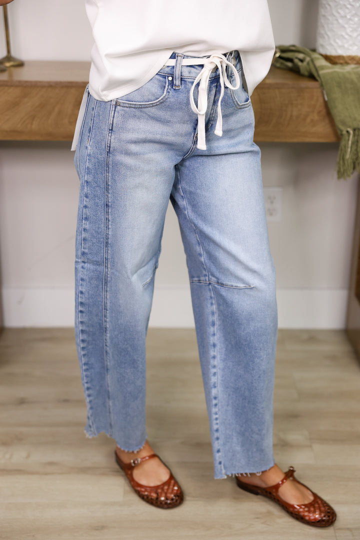 Risen - Slouchy Ankle Barrel Jeans W/ Waistband Drawstring & Eyelet Details "Light"
