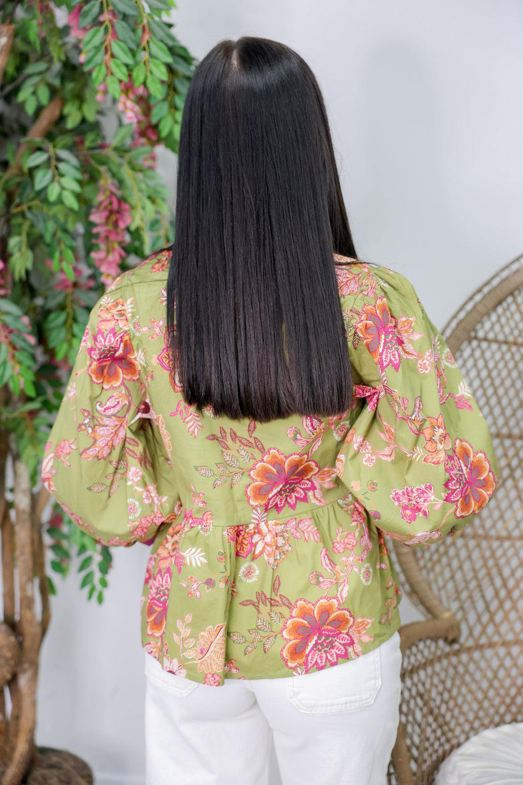 Botanical Print 3/4 Sleeve Top "Olive"