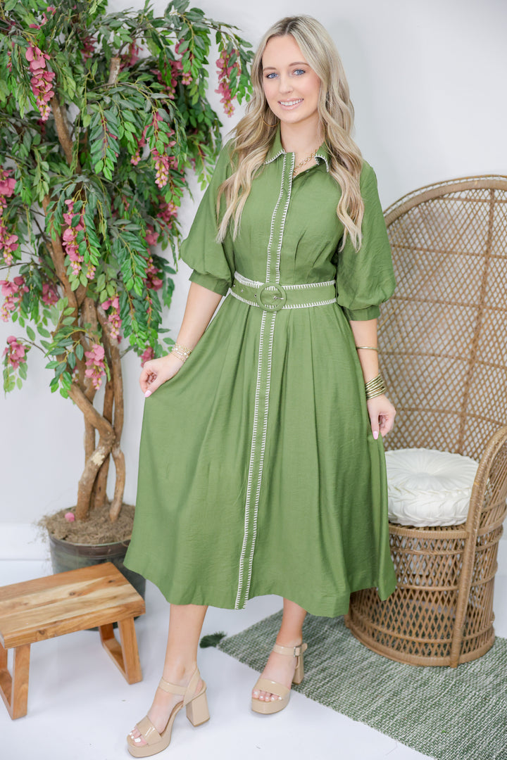 Anne Solid Short Puff Sleeve Midi Dress "Olive"