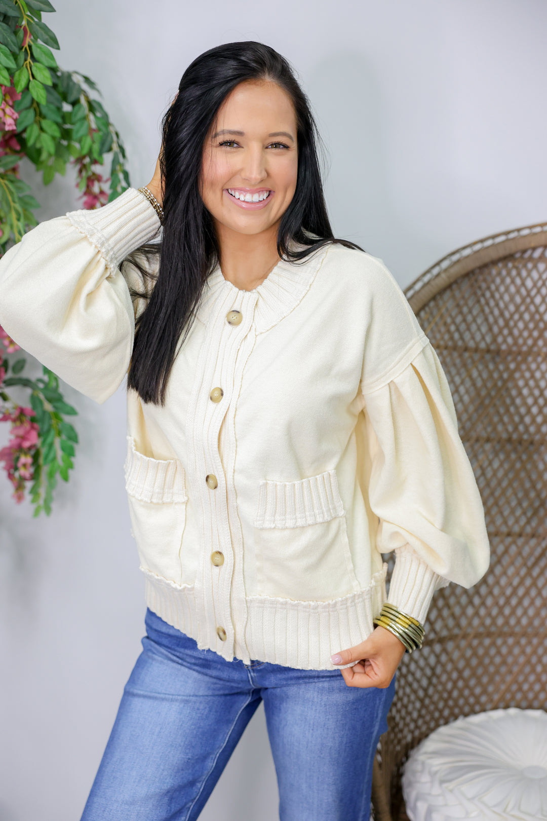 Solid Long Sleeve Knit Cardigan "Ecru"