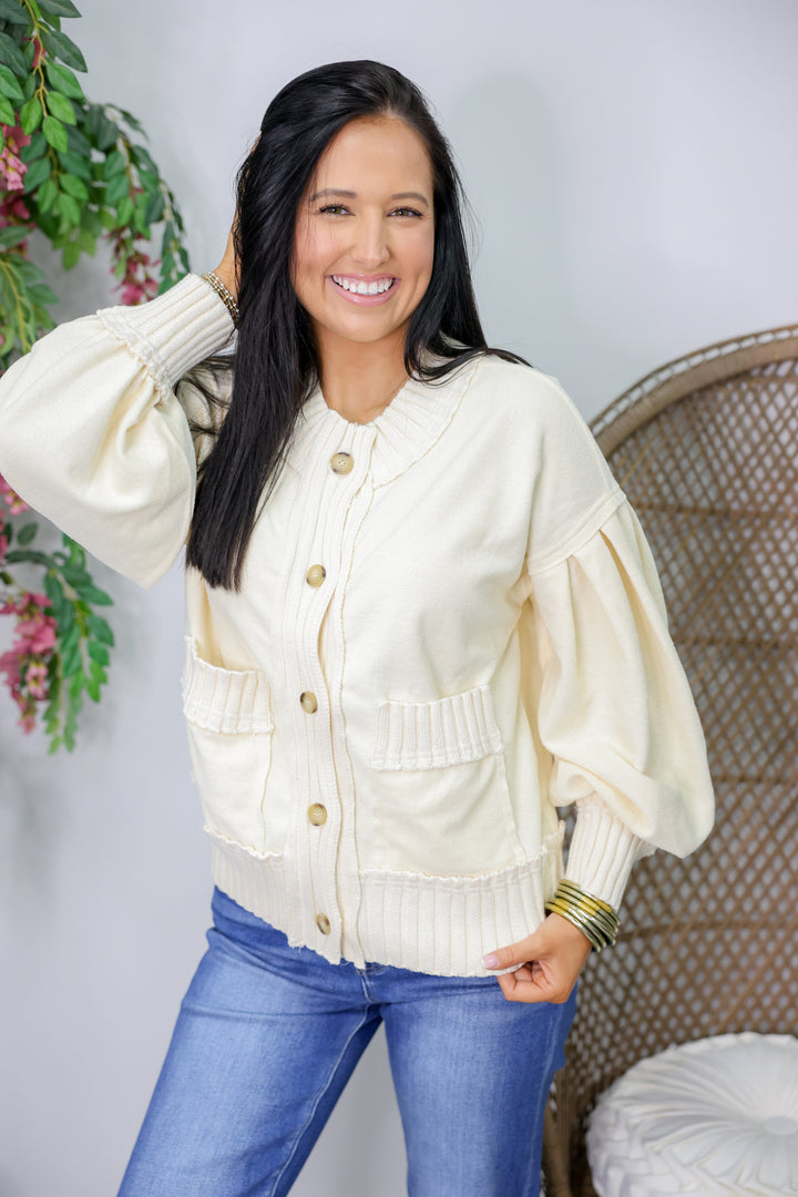 Solid Long Sleeve Knit Cardigan "Ecru"
