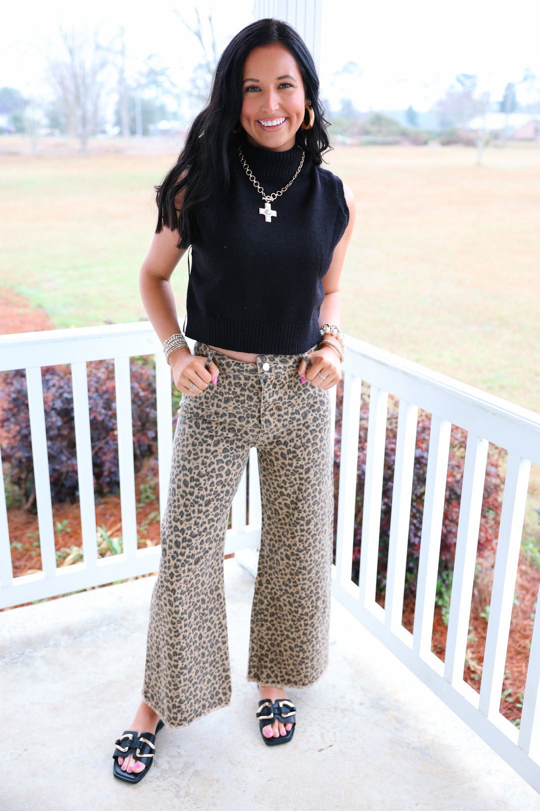 Mid Rise Leopard Twill Denim Frayed Hem Wide Leg Pants