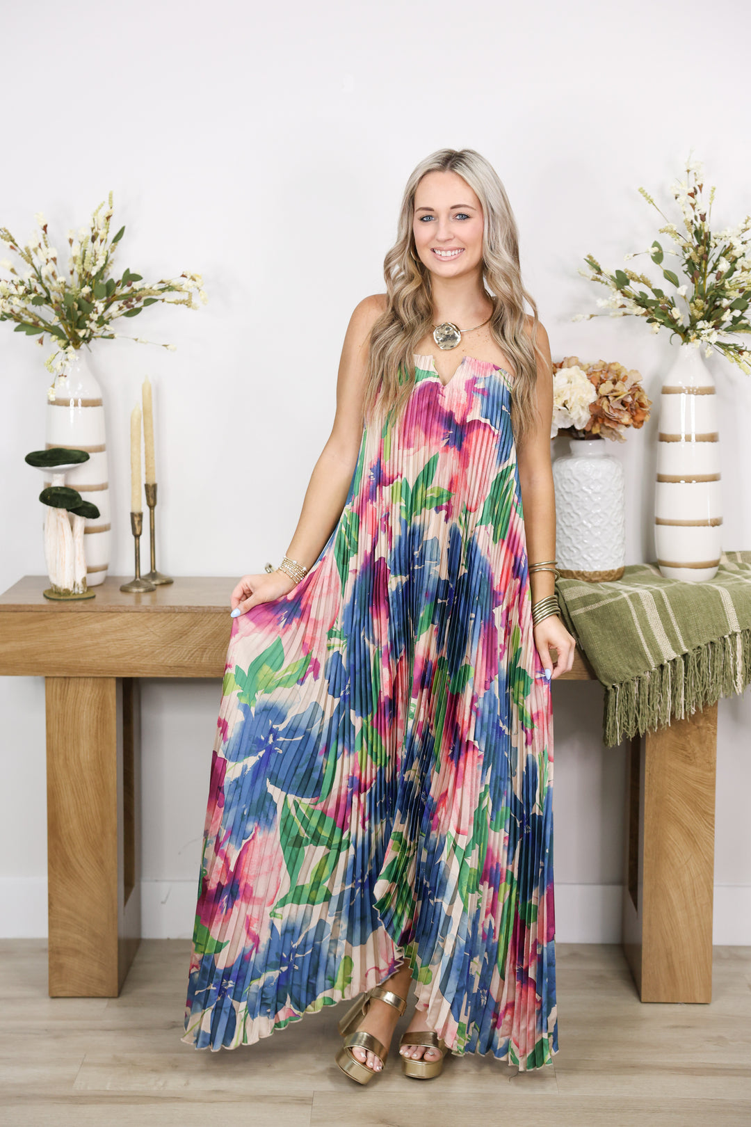 Floral Strapless Pleated Maxi Column Dress "Lapis Bloom"