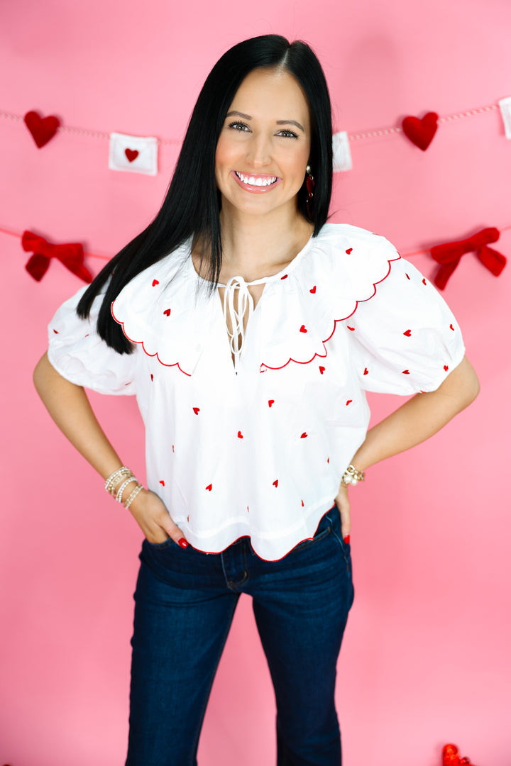 Heart Embroidered Scalloped Top