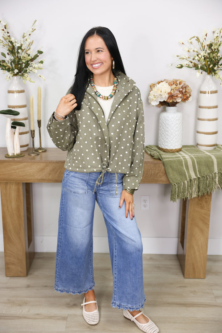 Polka dot Collared Long Sleeve Jacket "Olive"