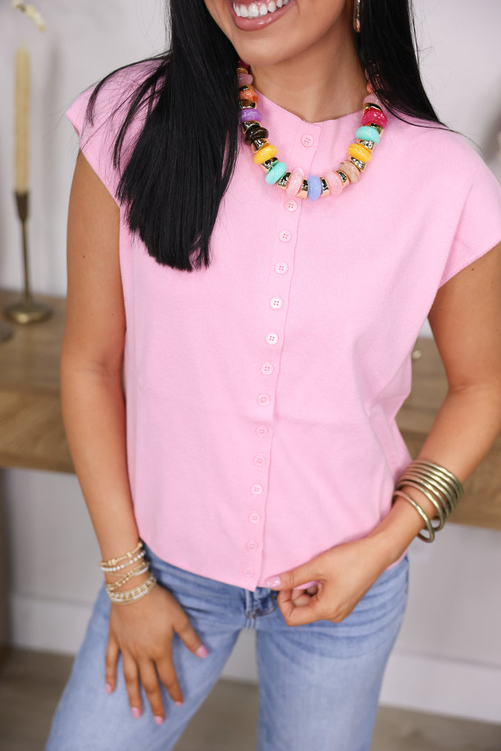 Cap Sleeve Mock Neck Cardigan "Light Pink"