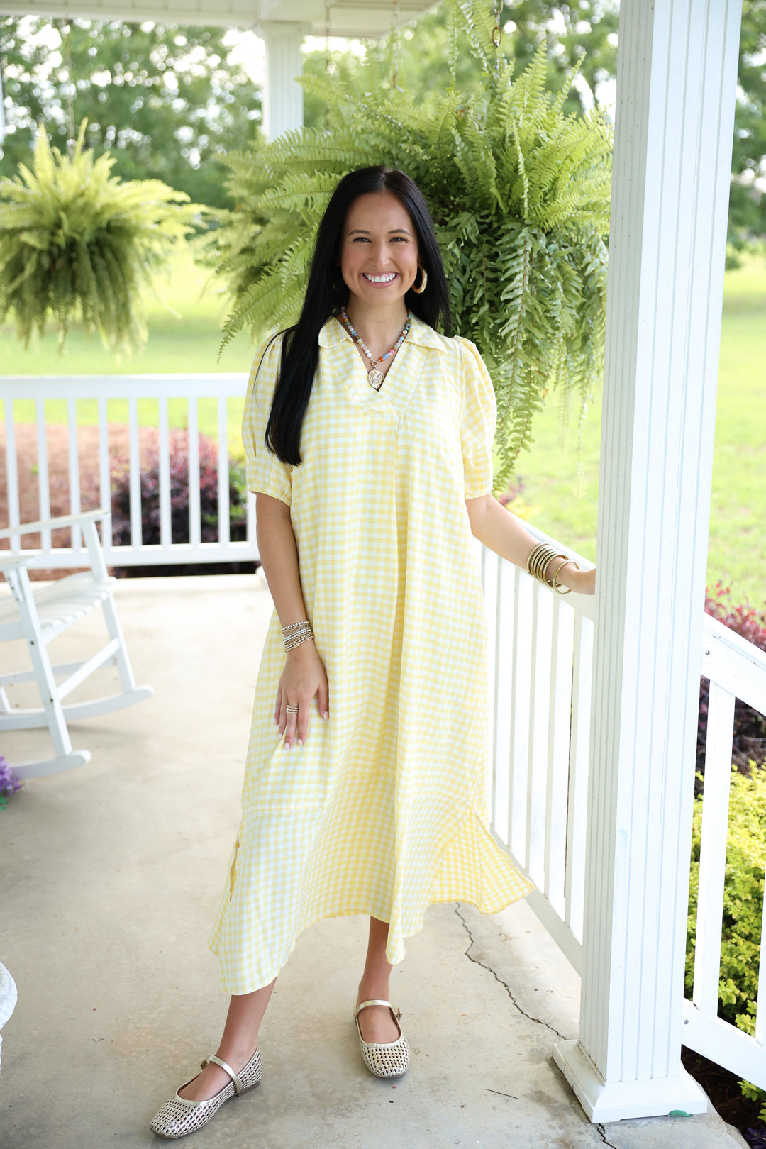 lemon midi dress Open Collared Gingham Check Midi Dress Lemon Small
