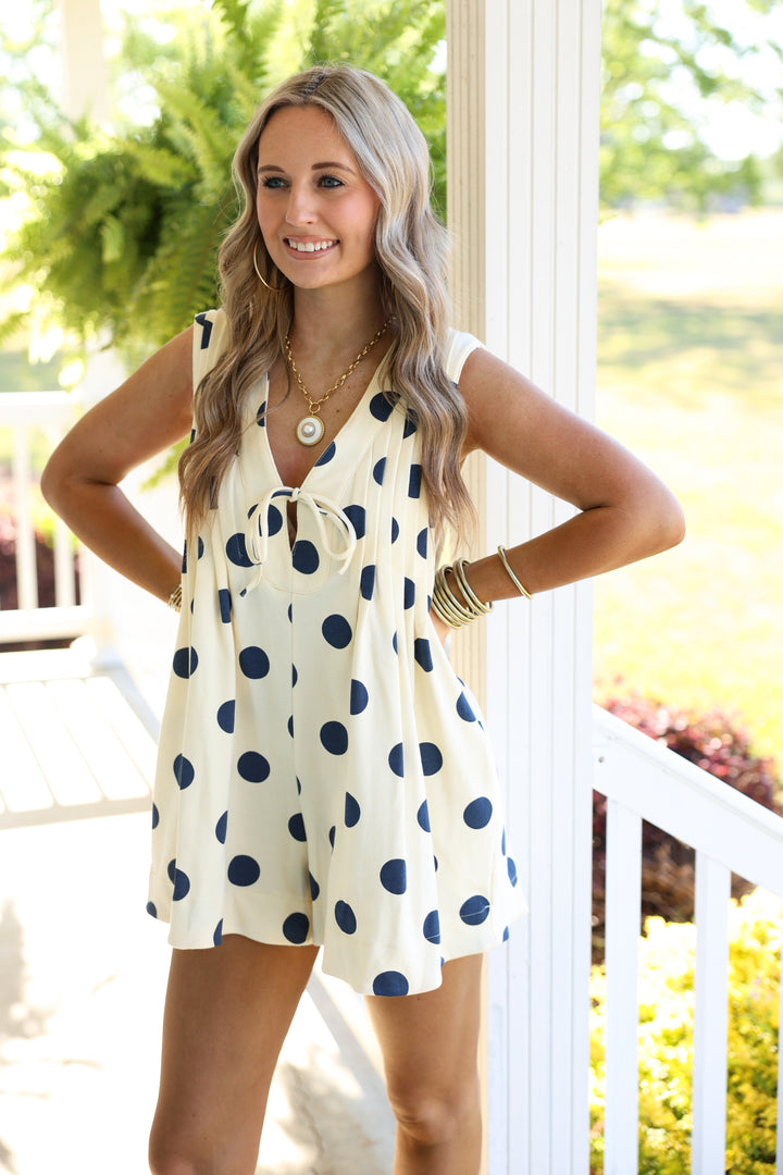 Polka Dot Pleated Romper "Navy Polka Dot"