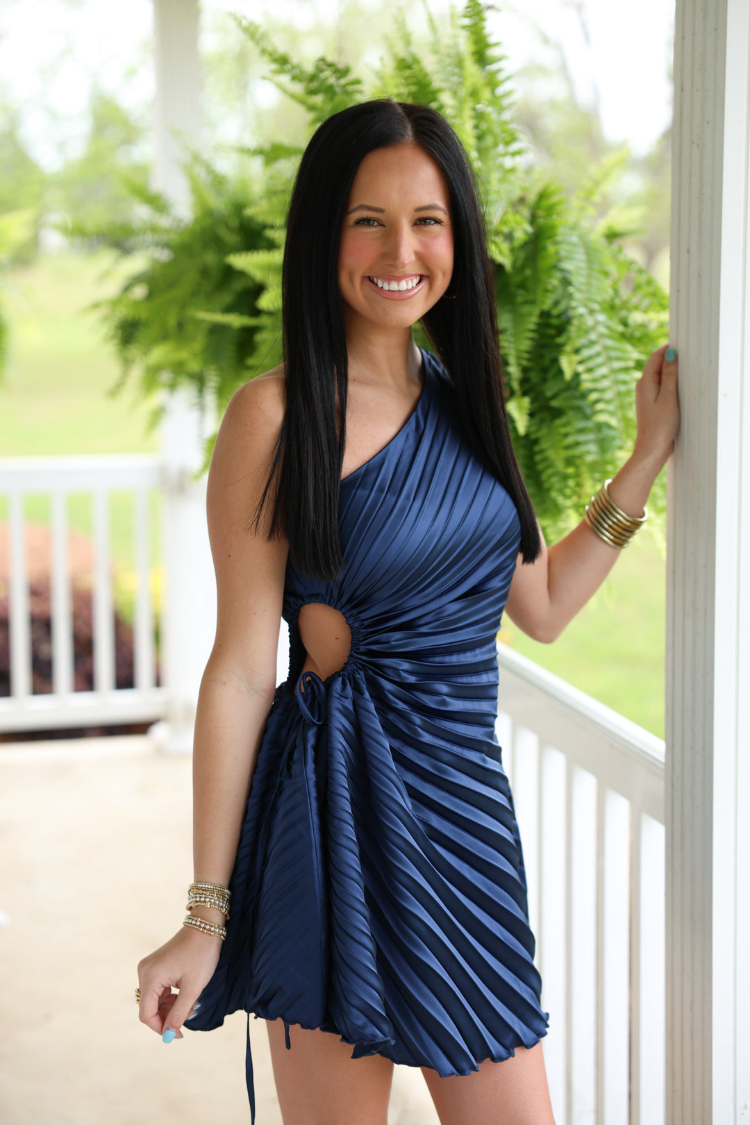 Lena One Shoulder Pleated Mini Dress "DK Navy"