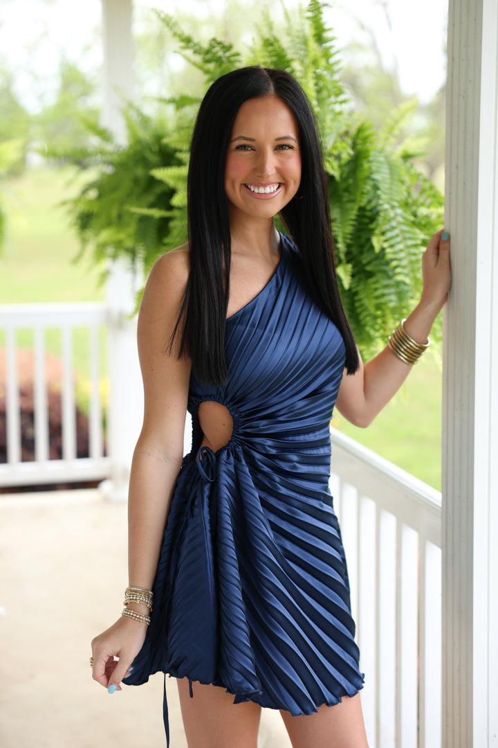 Lena One Shoulder Pleated Mini Dress "DK Navy"