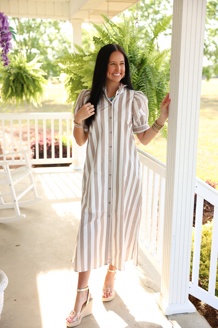 Seaside Striped Print Short Puff Sleeve Midi Dress "Taupe"