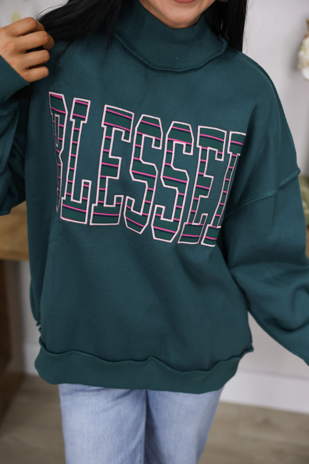"Blessed" Mock Neck Sweatshirt "Hunter Green"