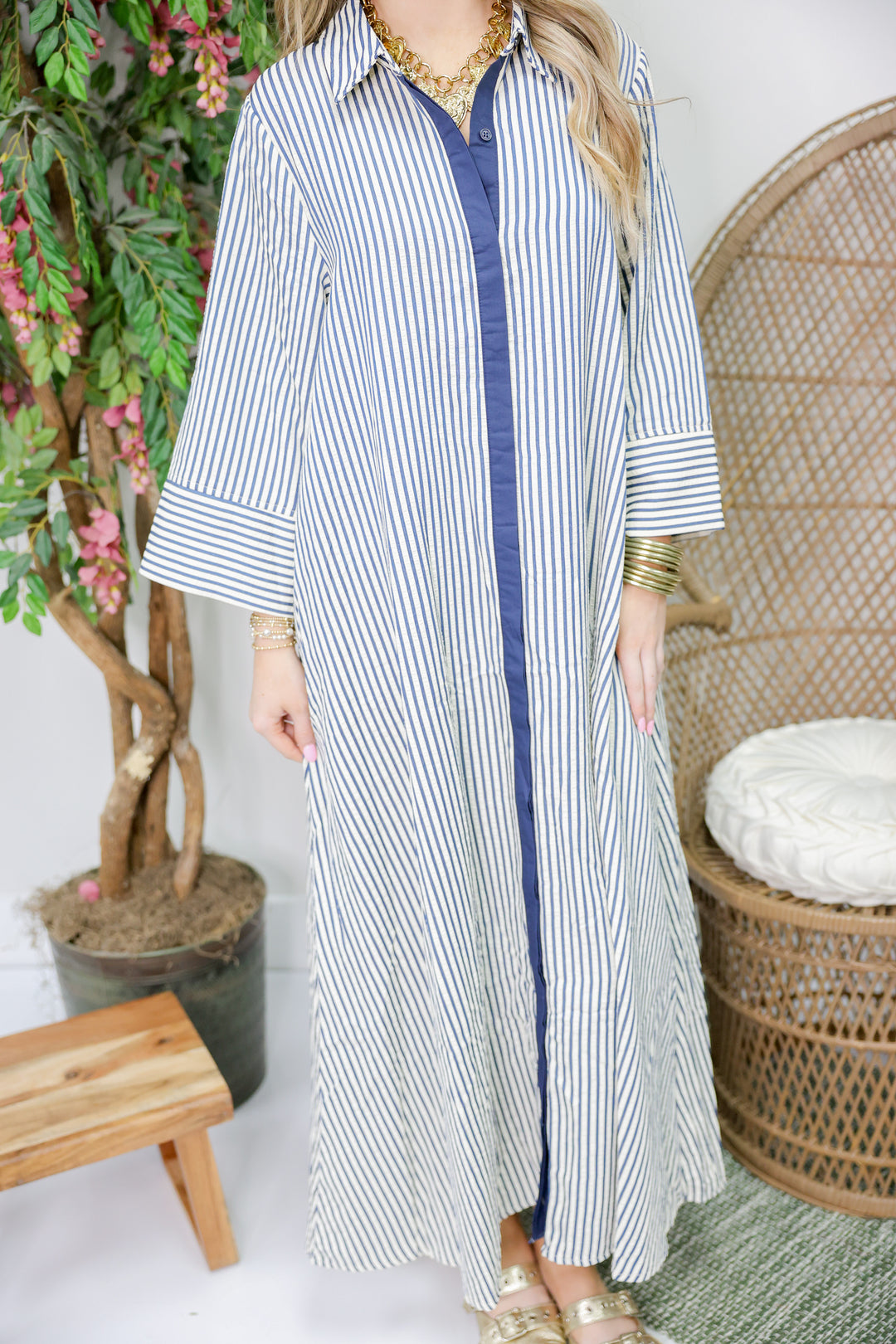 Sarah Striped 3/4 Sleeve Midi Dress "Indigo"