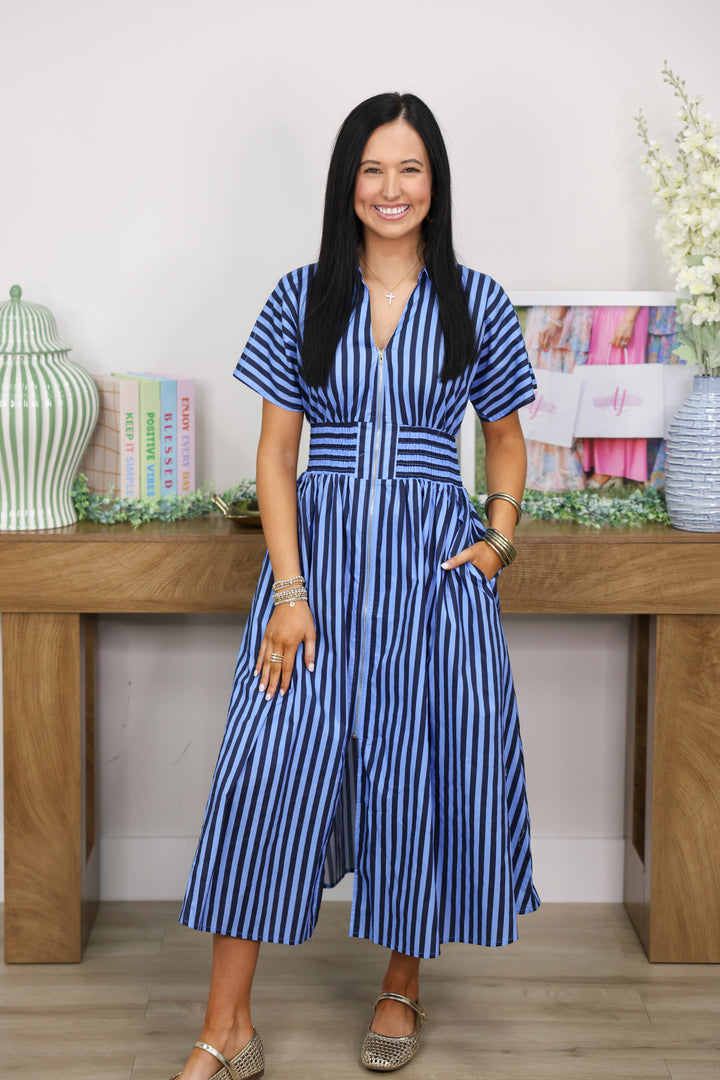 Gracious Stripes Zipper Midi Dress "Navy"