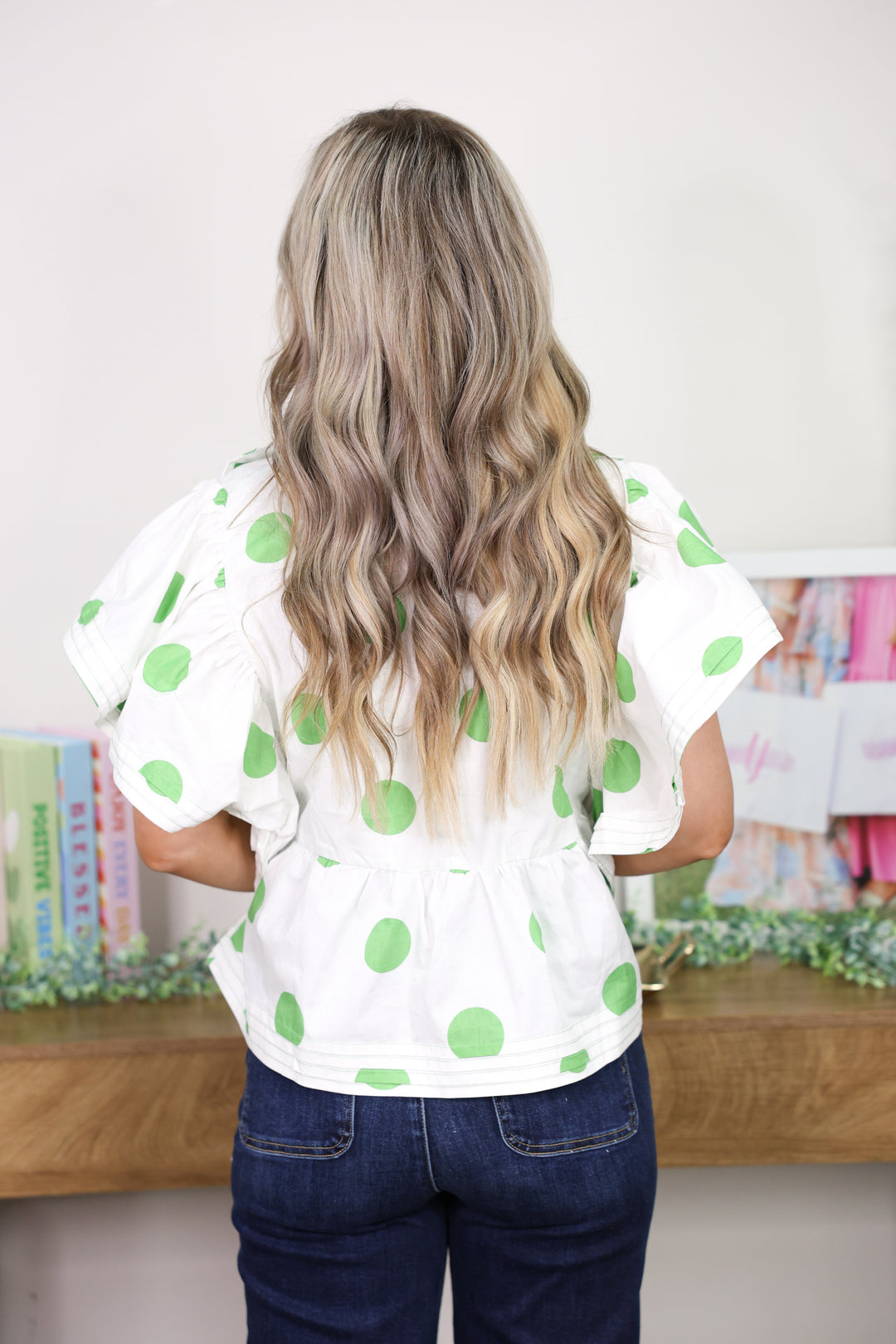 Polka Dot Ruffle Blouse Top "Ivory/Green"
