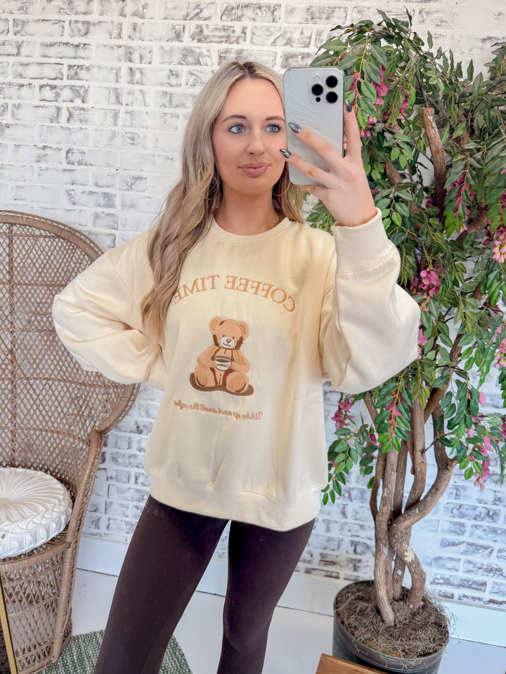 Crew Neck Long Sleeve "Coffee Time" Graphic Sweatshirt "Cream"