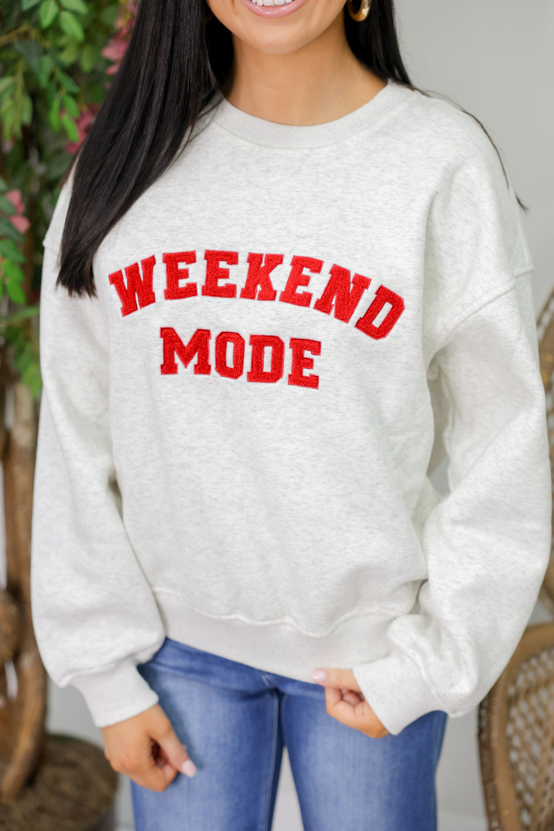 "Weekend Mode" Crew Neck Fleece Sweatshirt "Lt H Grey"