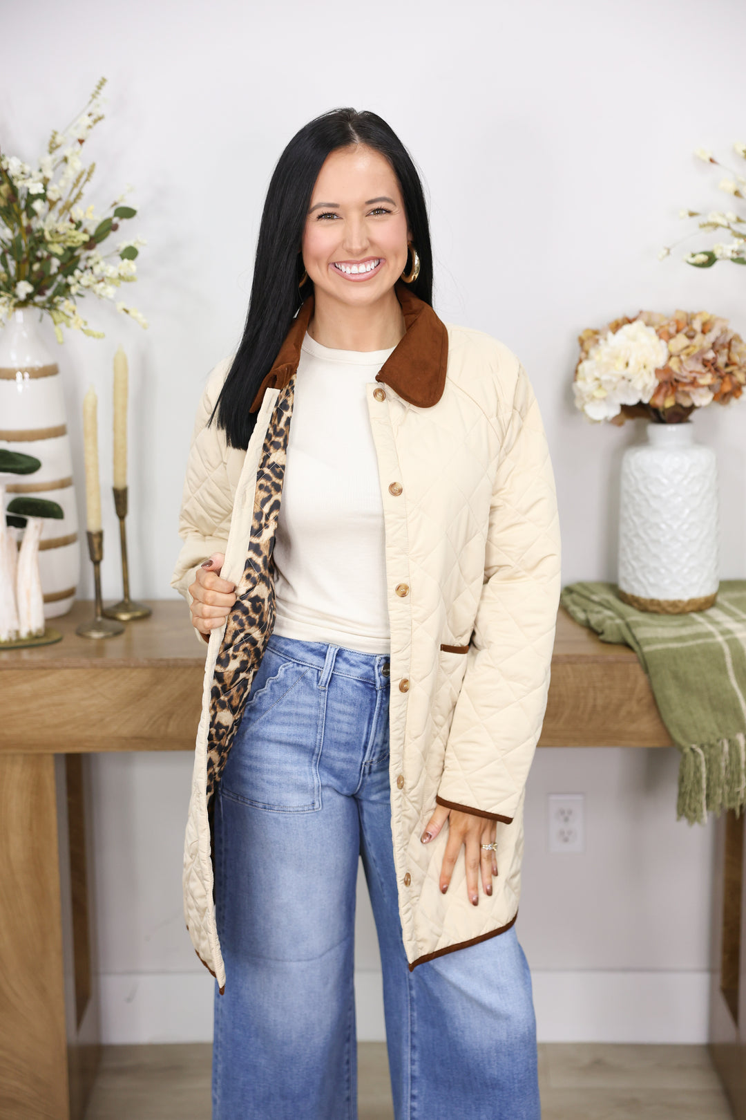 Long Sleeve Button Down Quilted Jacket "Beige"