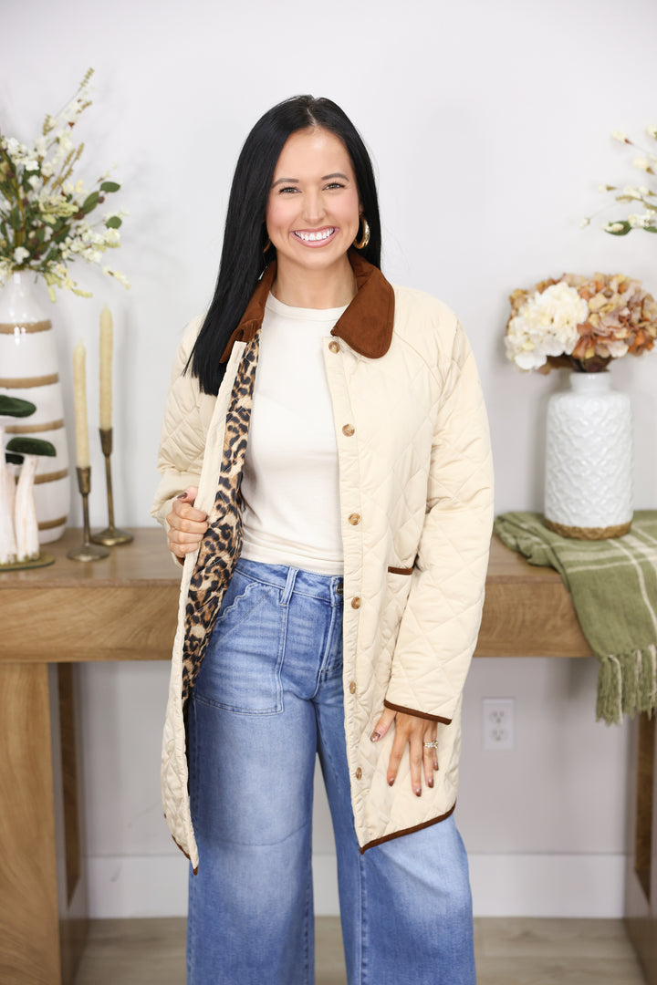 Long Sleeve Button Down Quilted Jacket "Beige"