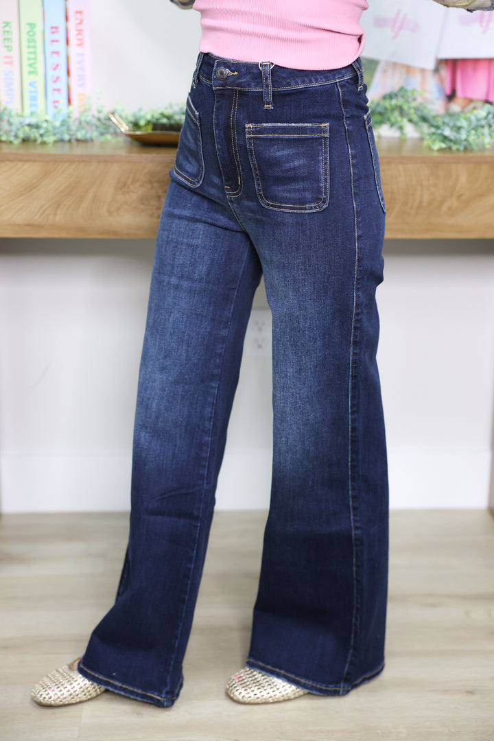 Stretch Front Two Pocket High Rise Flare Jeans "Dark Denim"