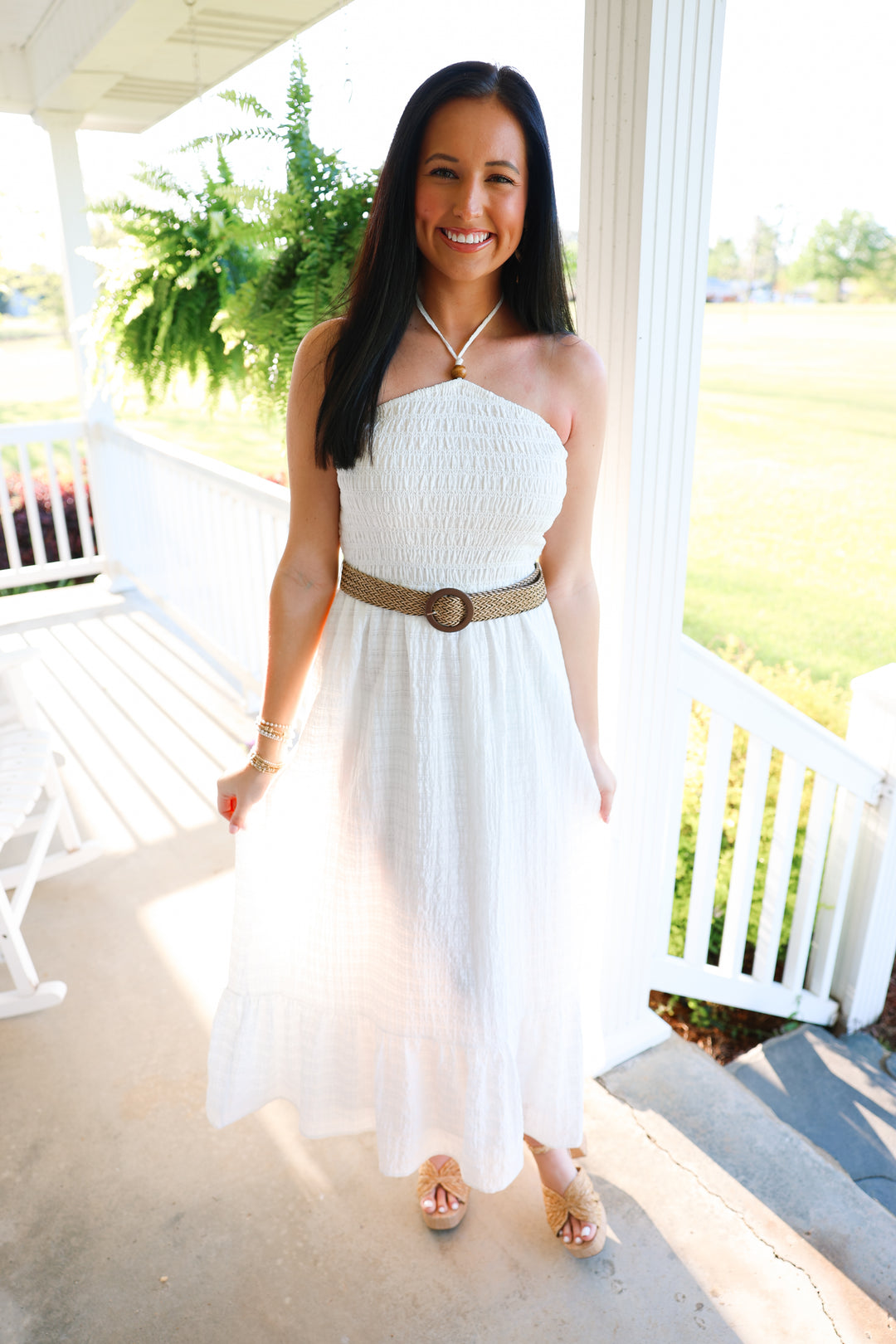 belted halter dress Black Halterneck Straw Belt Tiered Midi Dress 16