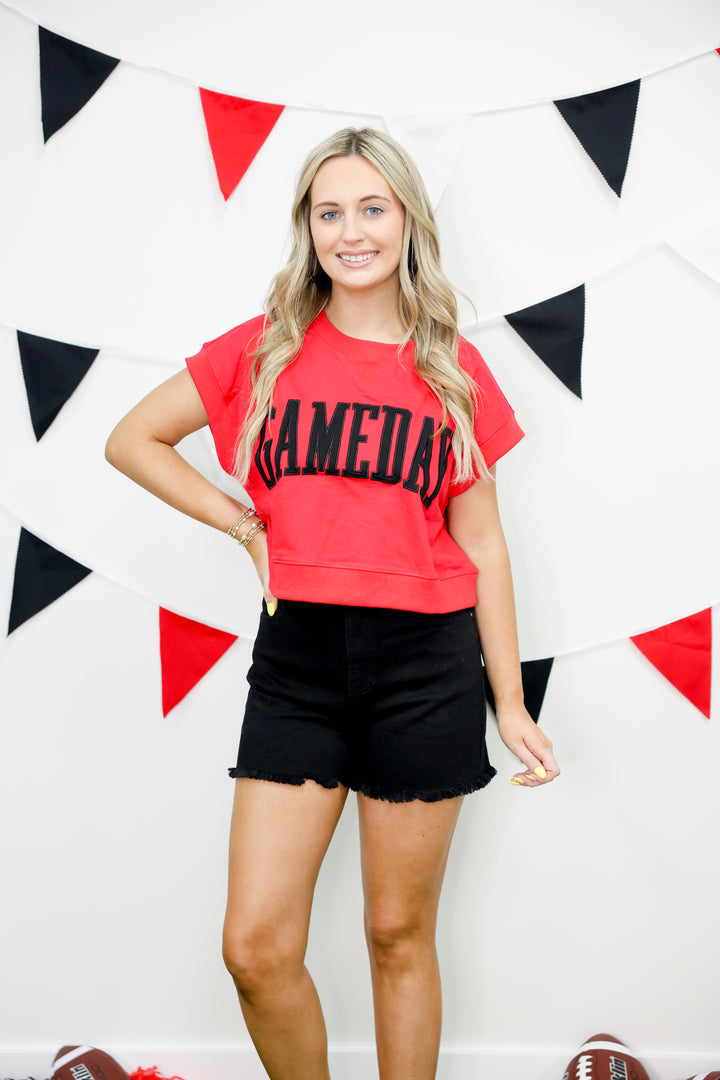 Gameday Boxy Cropped Terry Top "Red/Black"