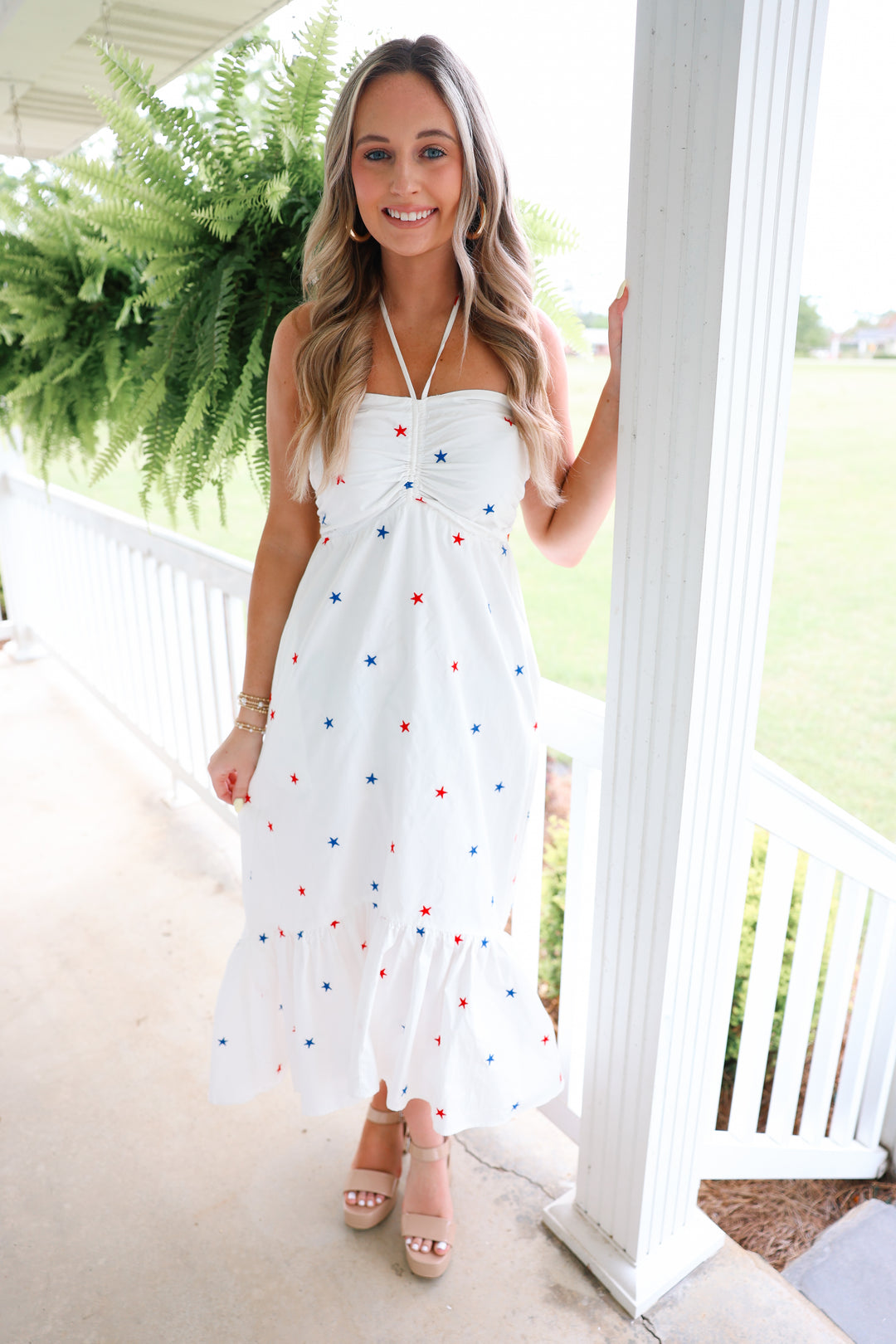 Star Embroidered Halter Midi Dress