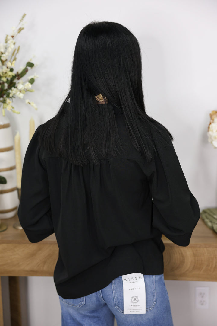 3/4 Sleeves Crinkled Solid Top W/ Ruffled Neckline "Black"