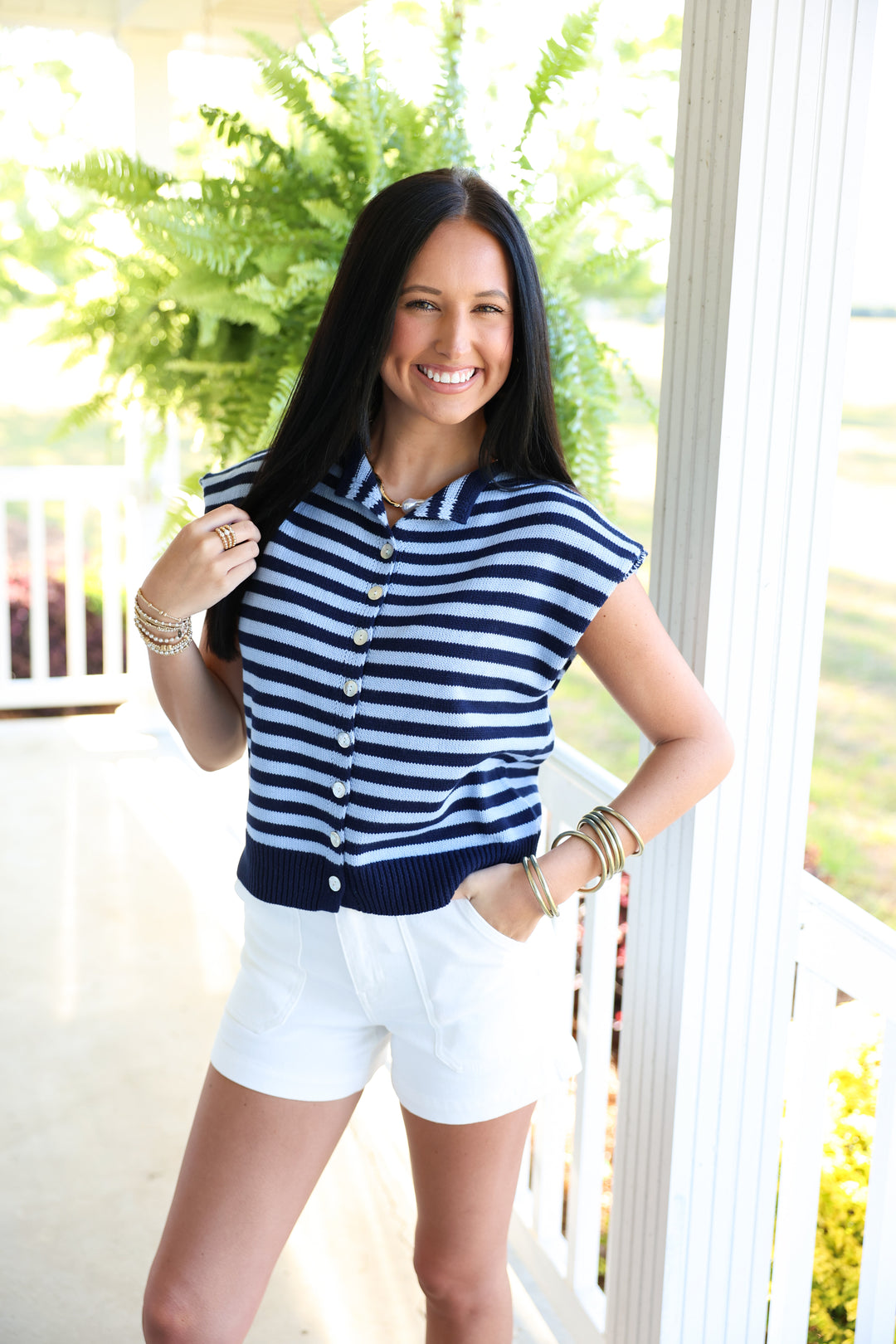 Striped Sleeveless Button Down Top "Navy"