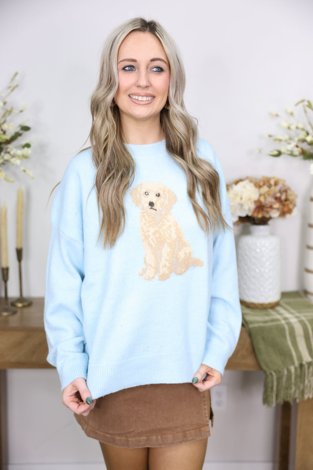 "Golden Doddle Dog" Graphic Long Sleeve Crew Neck Sweater "LT Blue"