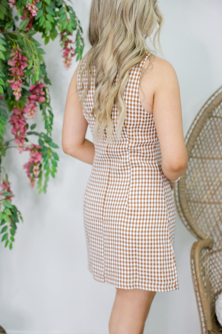 Checker Button Closure Tank Mini Dress "Cocoa/White"