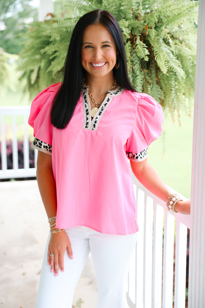 Leopard Trim Top "Pink"