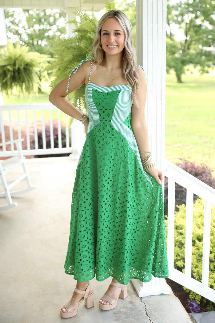 Cotton Eyelet Stripe Maxi Dress "Kelly Green"