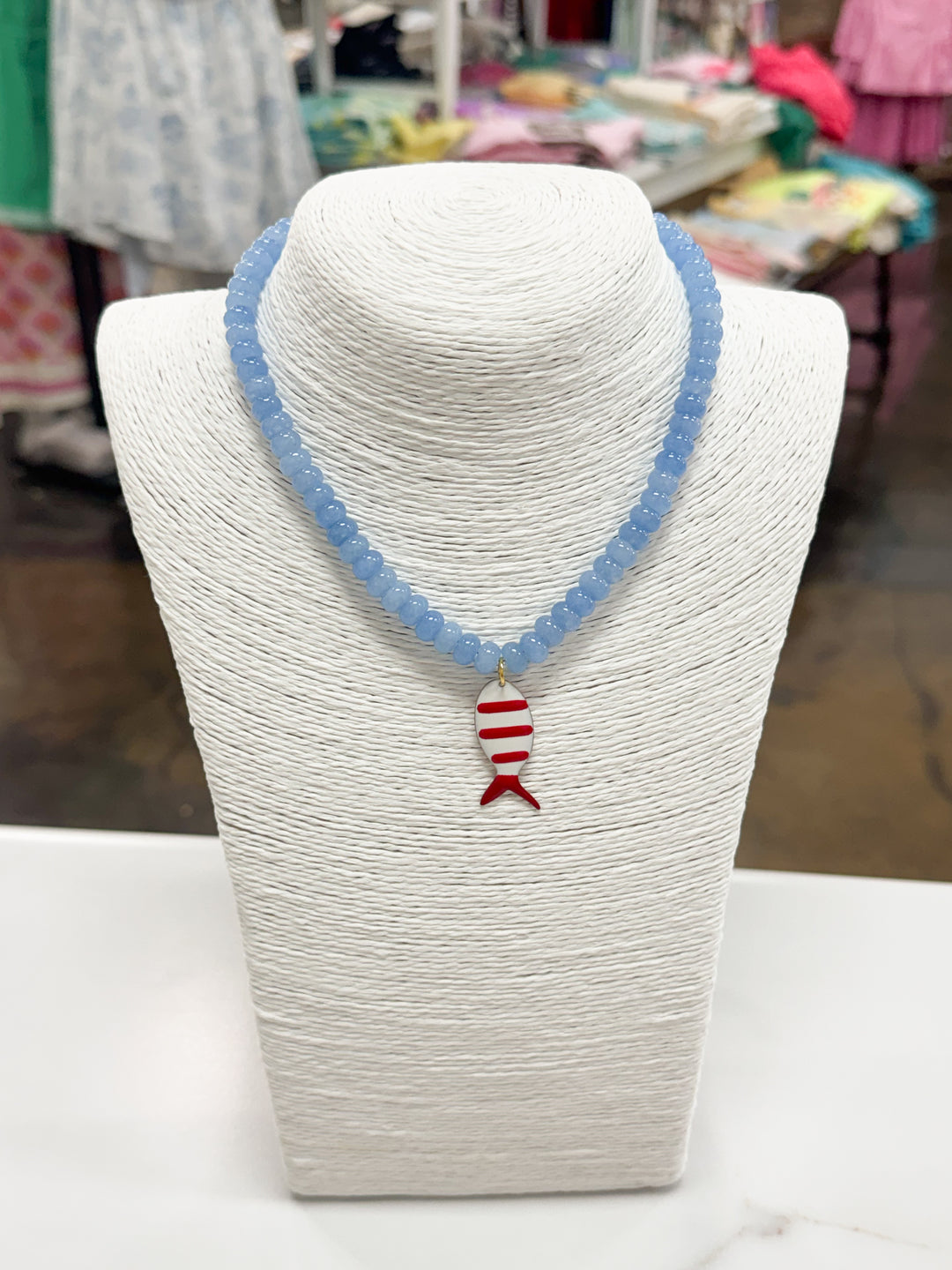 Hart Designs Jewelry - Blue Beaded Necklace "Red/White Fish"