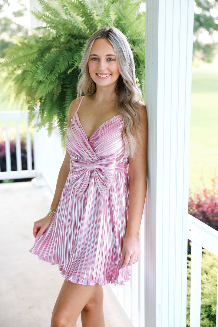 Perfect Pink Bow Pleated Mini Dress