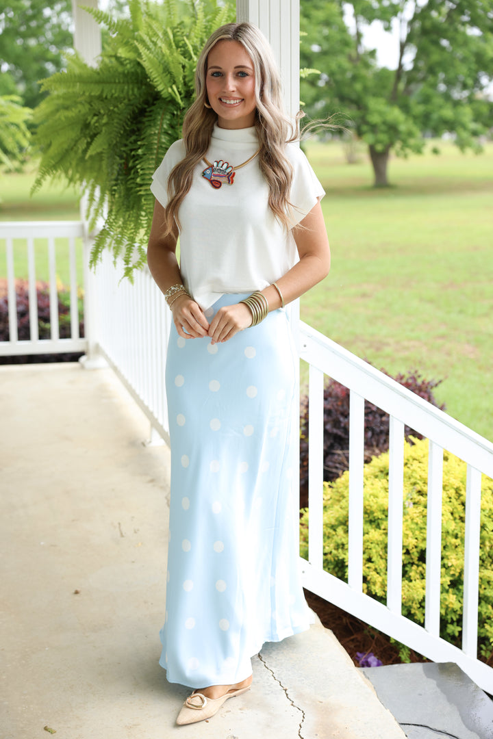Polka Dot Satin Midi Skirt W/ Elastic Waist "Lt Blue/White"
