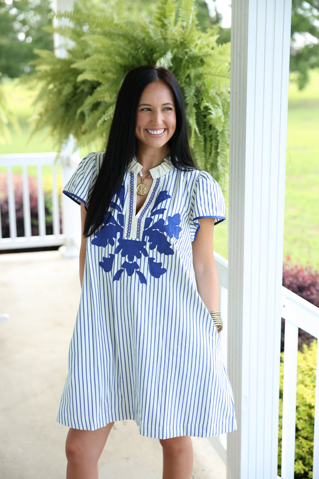 Stripe Ruffle Neck Dress W/ Abstract Applique "Blue"