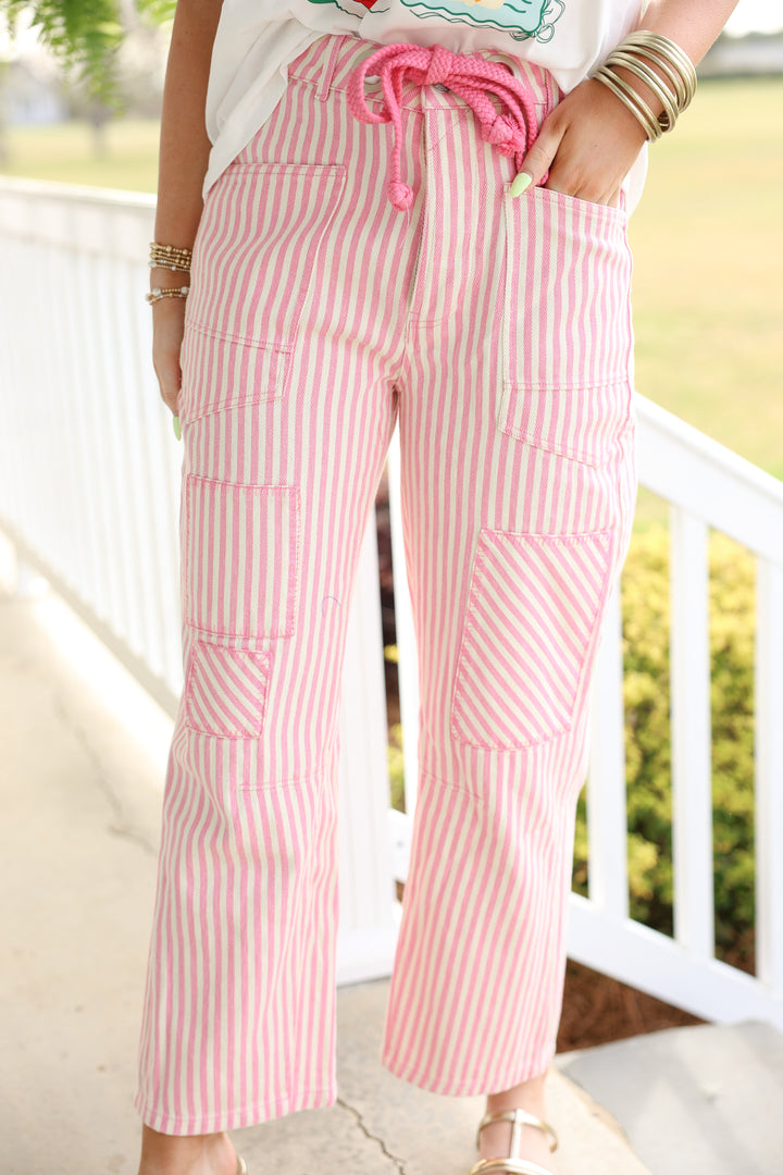 Cotton Braid Drawstring Waist Stripe Barrel Pants "Pink"