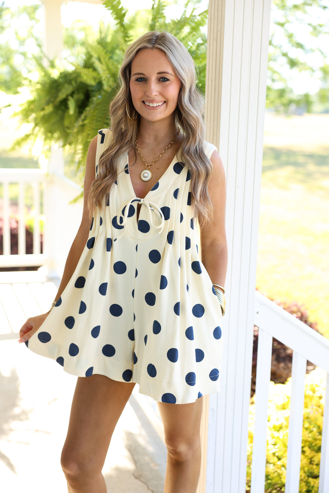 Polka Dot Pleated Romper "Navy Polka Dot"