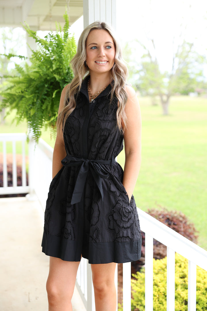 Floral Lace Overlay Solid Sleeveless Mini Dress "Black"