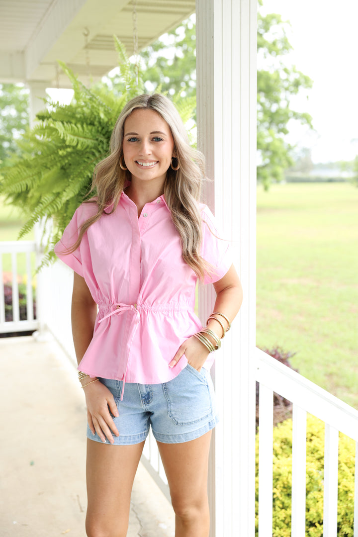 Solid Cap Sleeve Top W/ Elasticated Drawstring Waist "Pink"