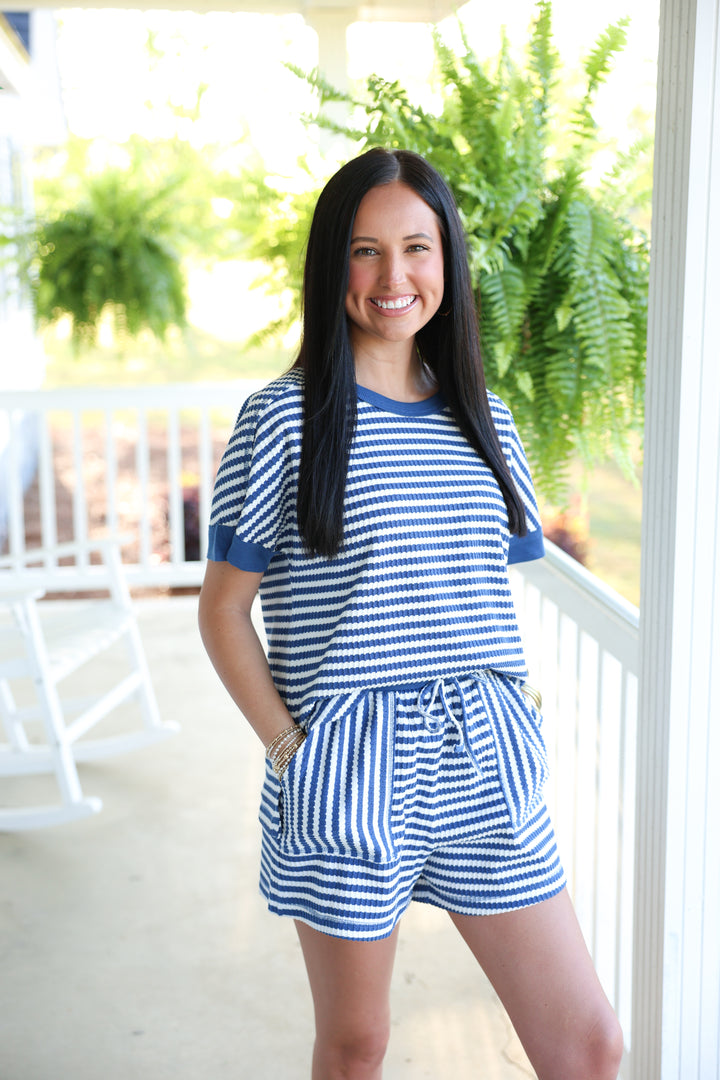 Striped Comfy Knit Top & Short Set "Blue/White"