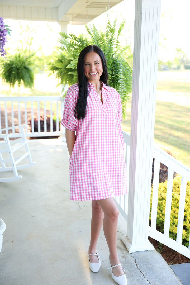 Southern Gingham Print Dress "Pink"