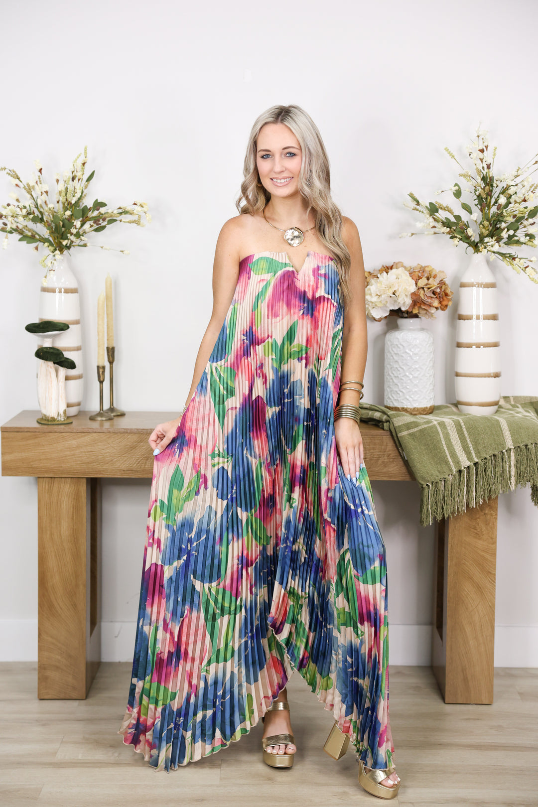 Floral Strapless Pleated Maxi Column Dress "Lapis Bloom"