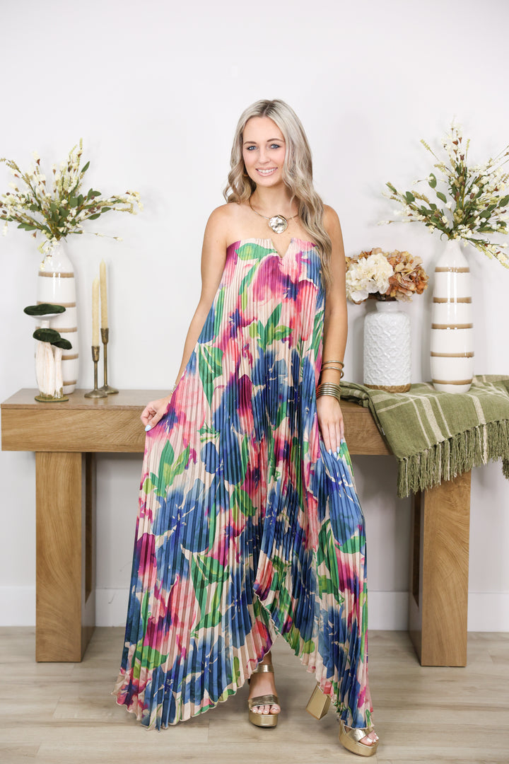 Floral Strapless Pleated Maxi Column Dress "Lapis Bloom"