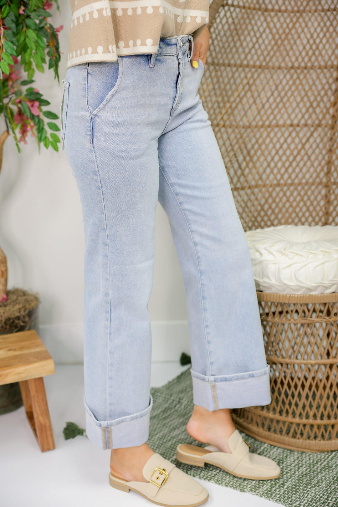 Risen - TC-High Rise Ankle Wide-Cuffed Jeans "Light Denim"