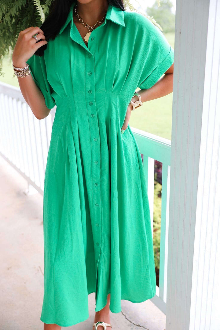 Solid Cuff Short Sleeve Pleated Midi Dress "Green"